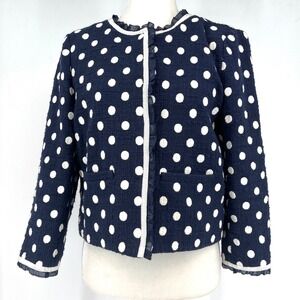 J. Crew Navy Polka Dot Textured Tweed Jacket Ruffle Collar Size 4